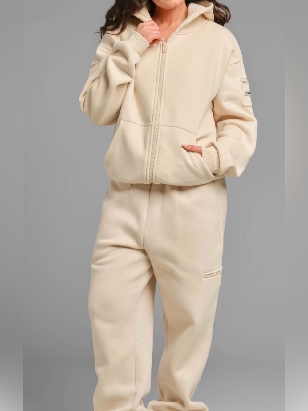 Bone Color Comfrt Travel Essentials Zip Hoodie & Jogger Medium Set